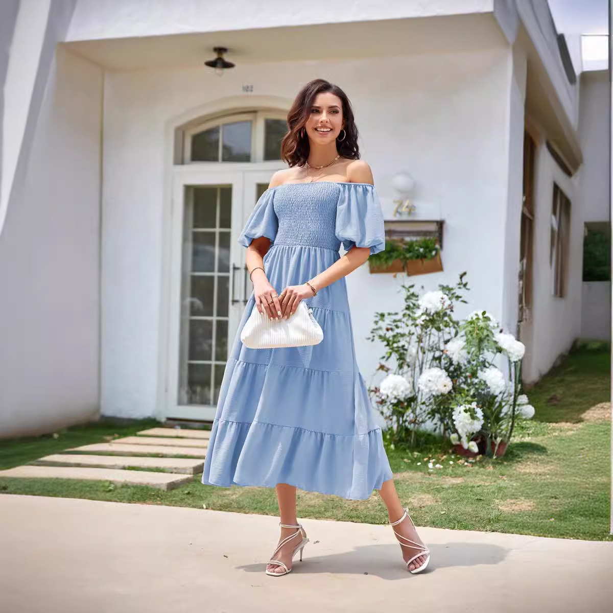 2025 Europe and the United States foreign trade cross-border women's dress Amazon explosion square neck backless bubble sleeve pleated short-sleeved dress Specification drawing