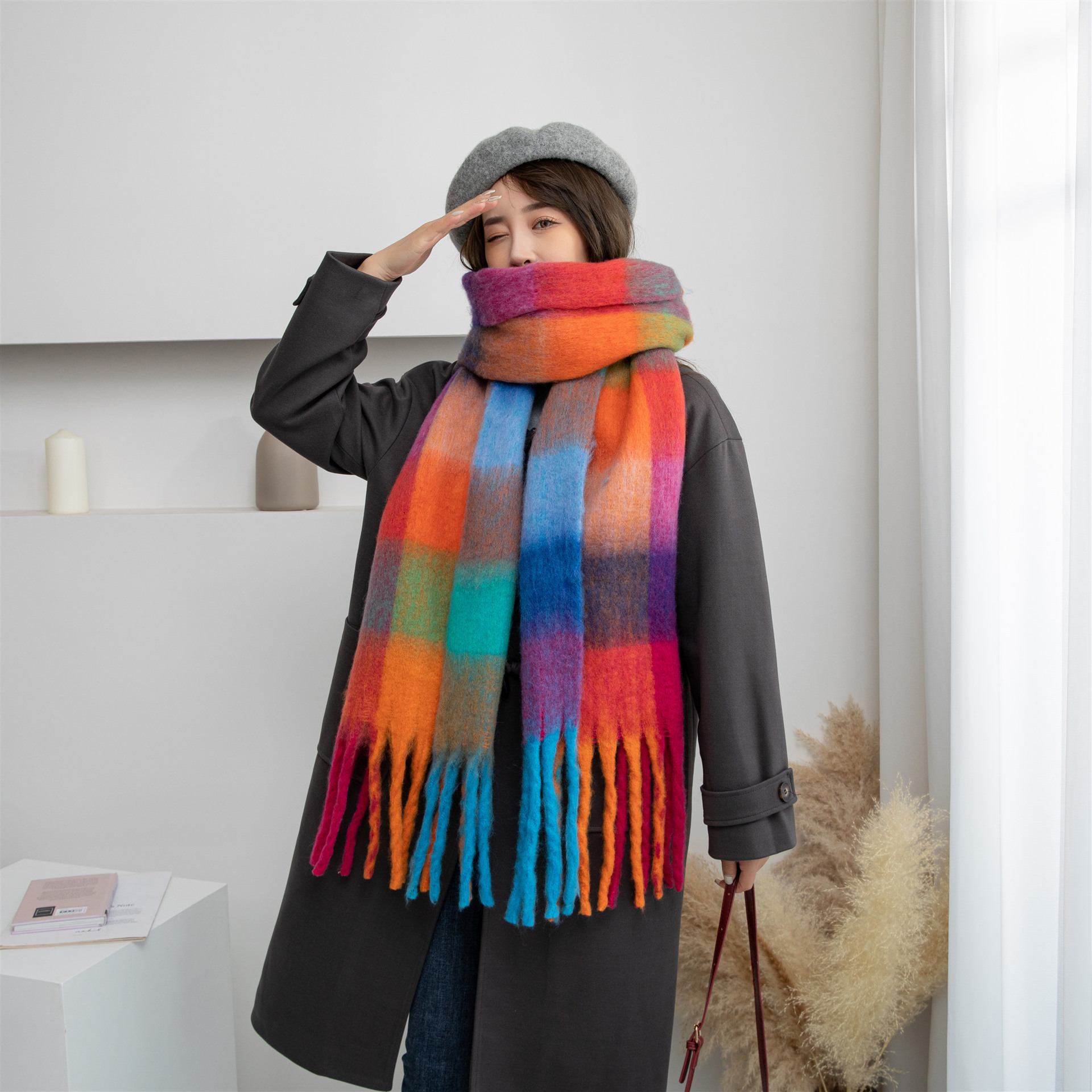 Ac Tassel Scarf Blue Pink Plaid Scarf Winter Girls Feel Pink Plaid Imitation Cashmere Bib Cold Cape