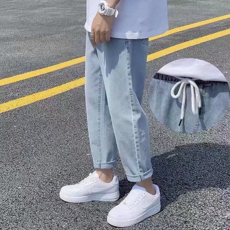 Autumn thin straight-leg loose jeans, men's trendy brand loose casual drawstring nine-inch pants, men's student Korean style, versatile Item Picture