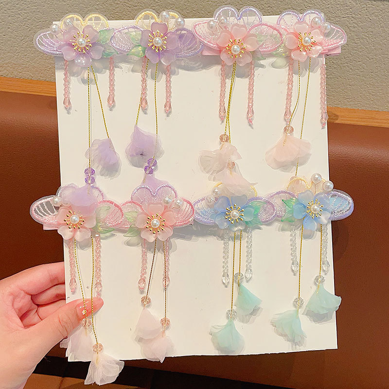 Children's Hair Clip Antique Hair Accessories Flower Fringe Cute Butterfly Hanfu Super Fairy Pearl Glass Pendant Princess Headdress Item Picture