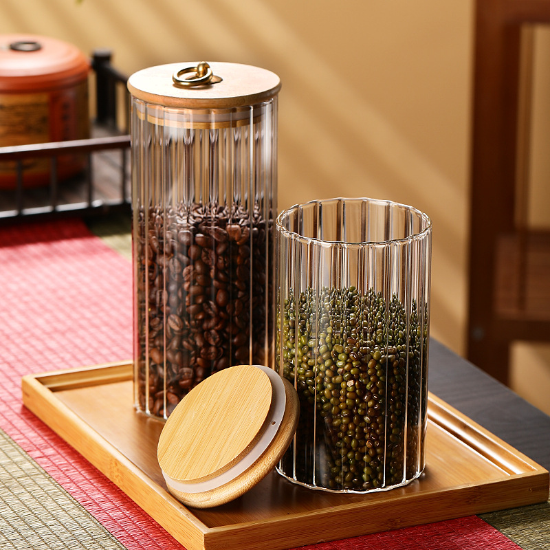 Broken bamboo lid glass tea canister, sealed canister, household kitchen grain storage box, storage jar, small storage jar details Picture