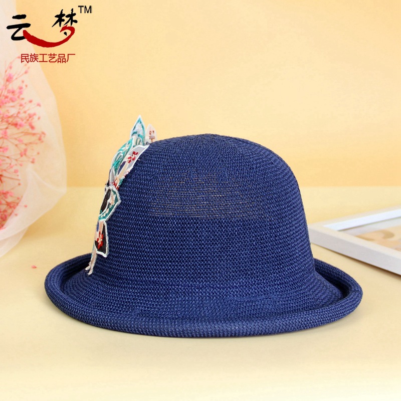 "National trend, ethnic style, ancient style, retro Chinese style, fresh and delicate embroidered hat, breathable round top hat with curled edges, dance stage hat girl. Application Scenario
