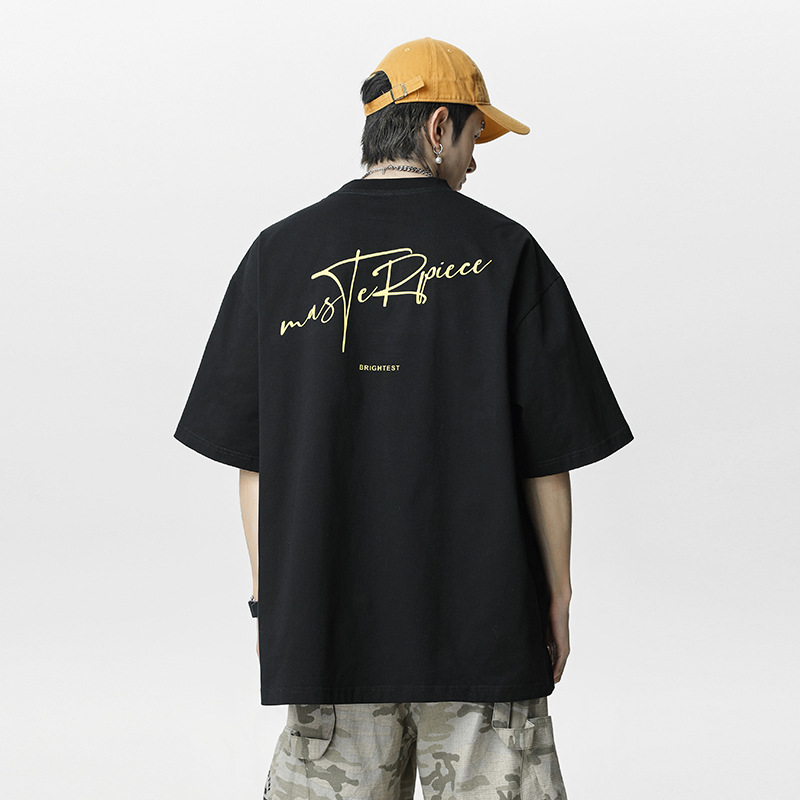 National trend retro pure cotton short-sleeved T-shirt for men, summer style American letter print half-sleeved trendy brand loose couple shirt details Picture