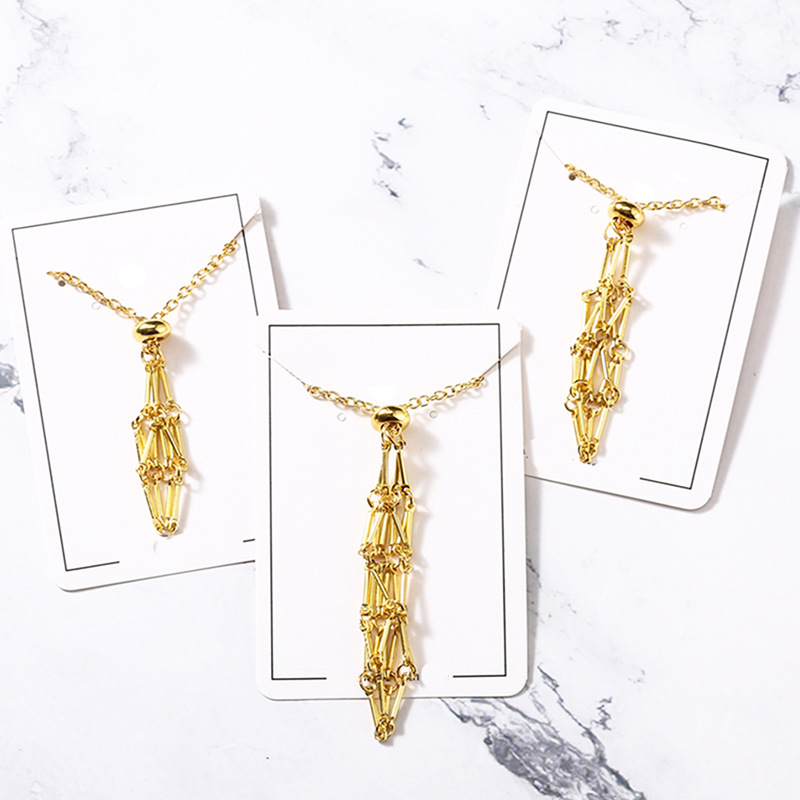 Stainless Steel Metal Bamboo Knot Woven Net Cage Pendant With Natural Crystal Raw Stone Ore Hanging Necklace Adjustable Specification drawing