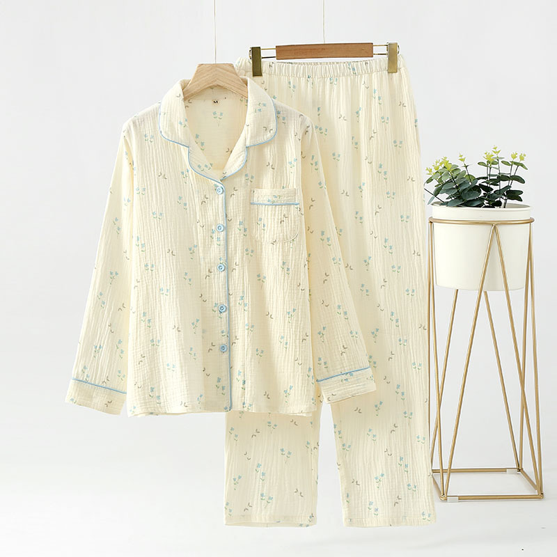 新款纯棉棉纱睡衣女士春秋季薄款印花长袖日系田园风双层纱家居服
