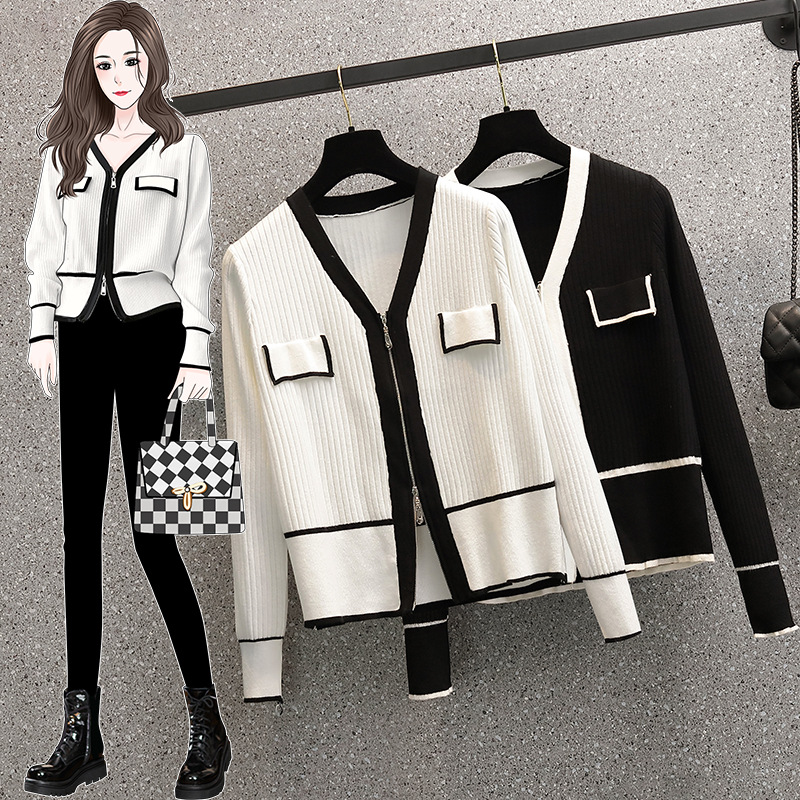 A 200-pound large-sized chanel-style knitted cardigan for early autumn, a V-neck double zipper loose, waist-cinching and slimming base layer for women