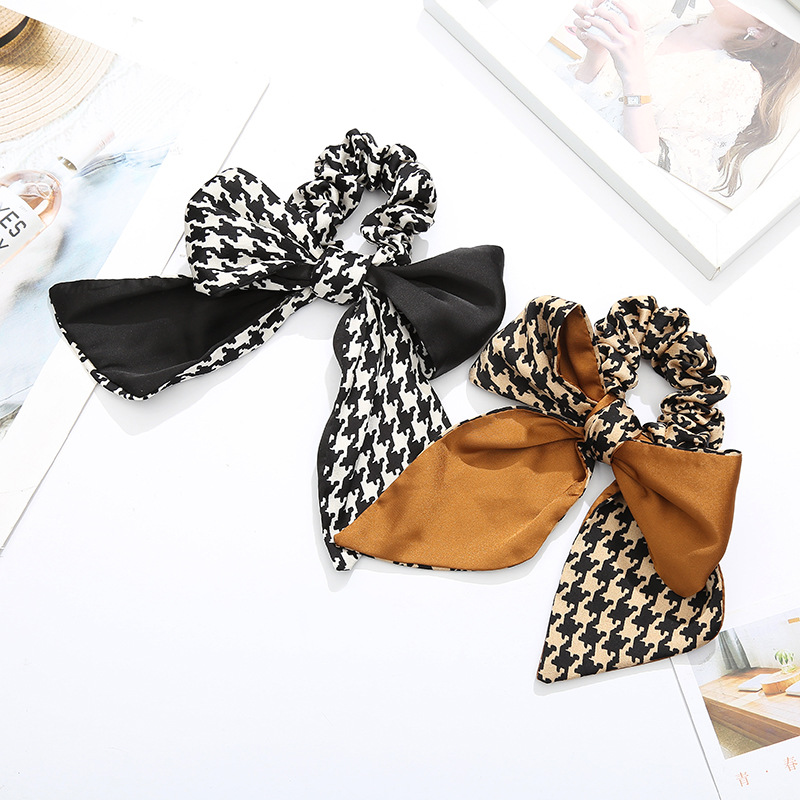 韩版新款千鸟格发圈森女学生简约蝴蝶结头饰现货批发布艺头绳饰品