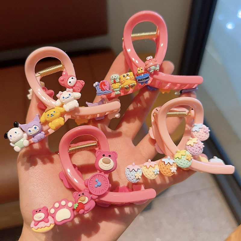 Cute cartoon children's scratcher on the back of a girl's head, strawberry bear, Sanrio hair scratcher, SpongeBob, shark hair accessory