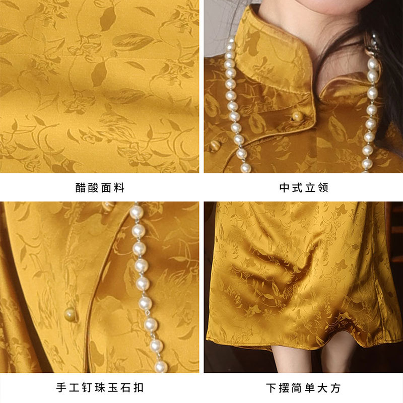 New Chinese-style acetic acid summer dress for women, loose and slimming stand-up collar dress, cheongsam improved young style traditional Chinese style long dress details Picture