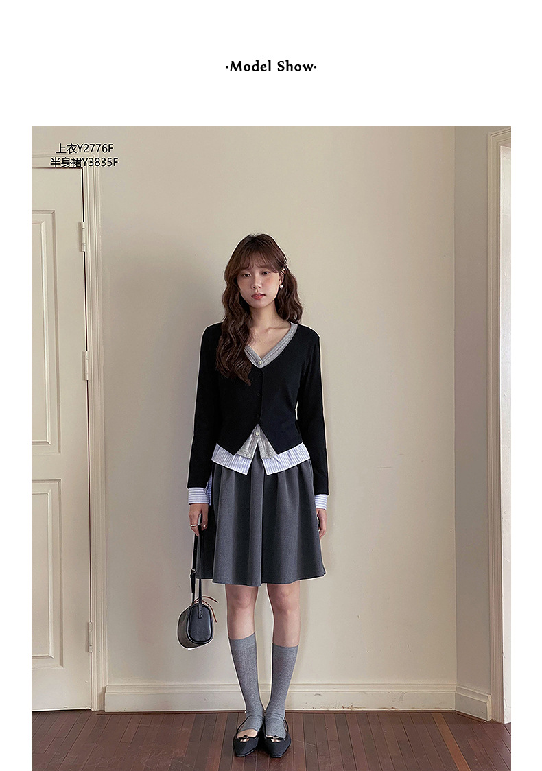 【通勤时髦法则】歌铭设计感撞色假两件针织衫秋季长袖上衣Y2776F详情17