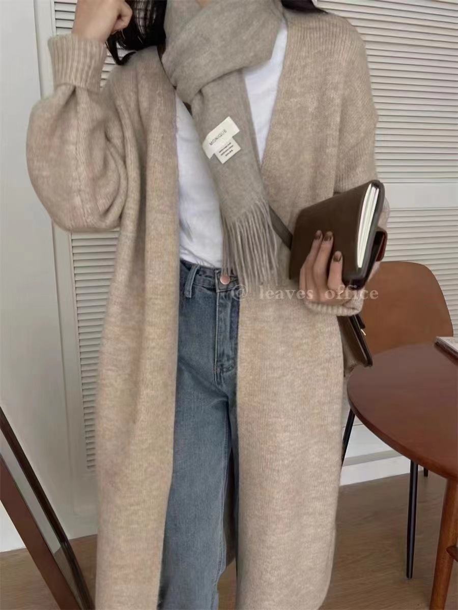 The mid-length over-the-knee knitted cardigan for women's 2022 autumn and winter new style Korean loose retro laid-back sweater jacket is in vogue Specification image