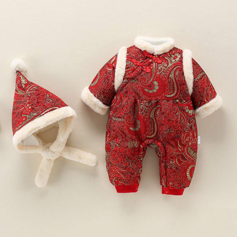 婴儿新年服过年拜年连体衣喜庆红色冬装加厚宝宝衣服满月周岁套装图