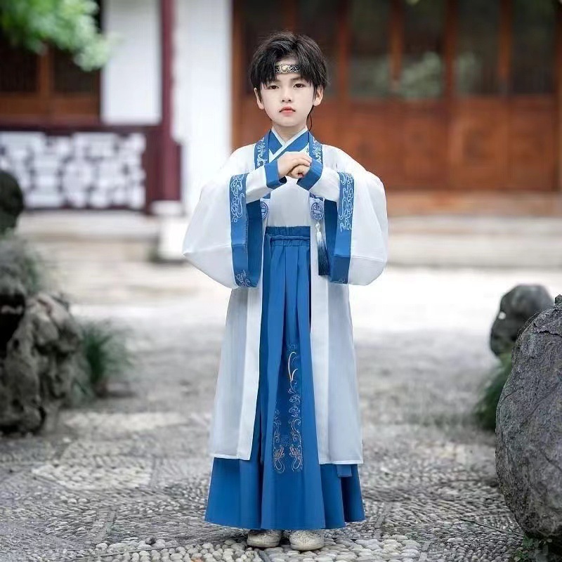 National trend children's ancient costumes and Hanfu, boys' traditional Chinese learning costumes, girls' Chinese-style primary school students' bookchildren's costumes, Three-character classic performance costumes for girls details Picture