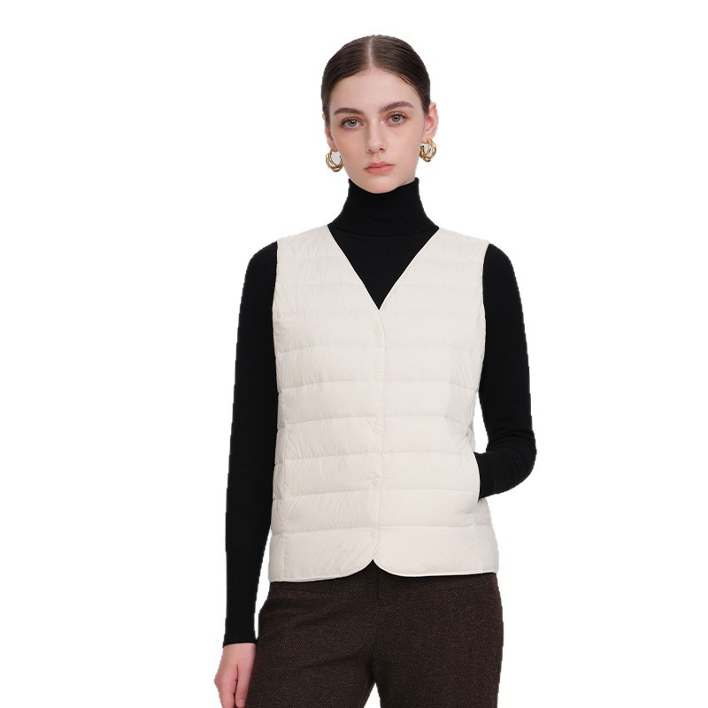 2025 New down vest, women's collarless V-neck, light vest with inner liner, women's slimming waistcoat, 90 white duck down Item Picture