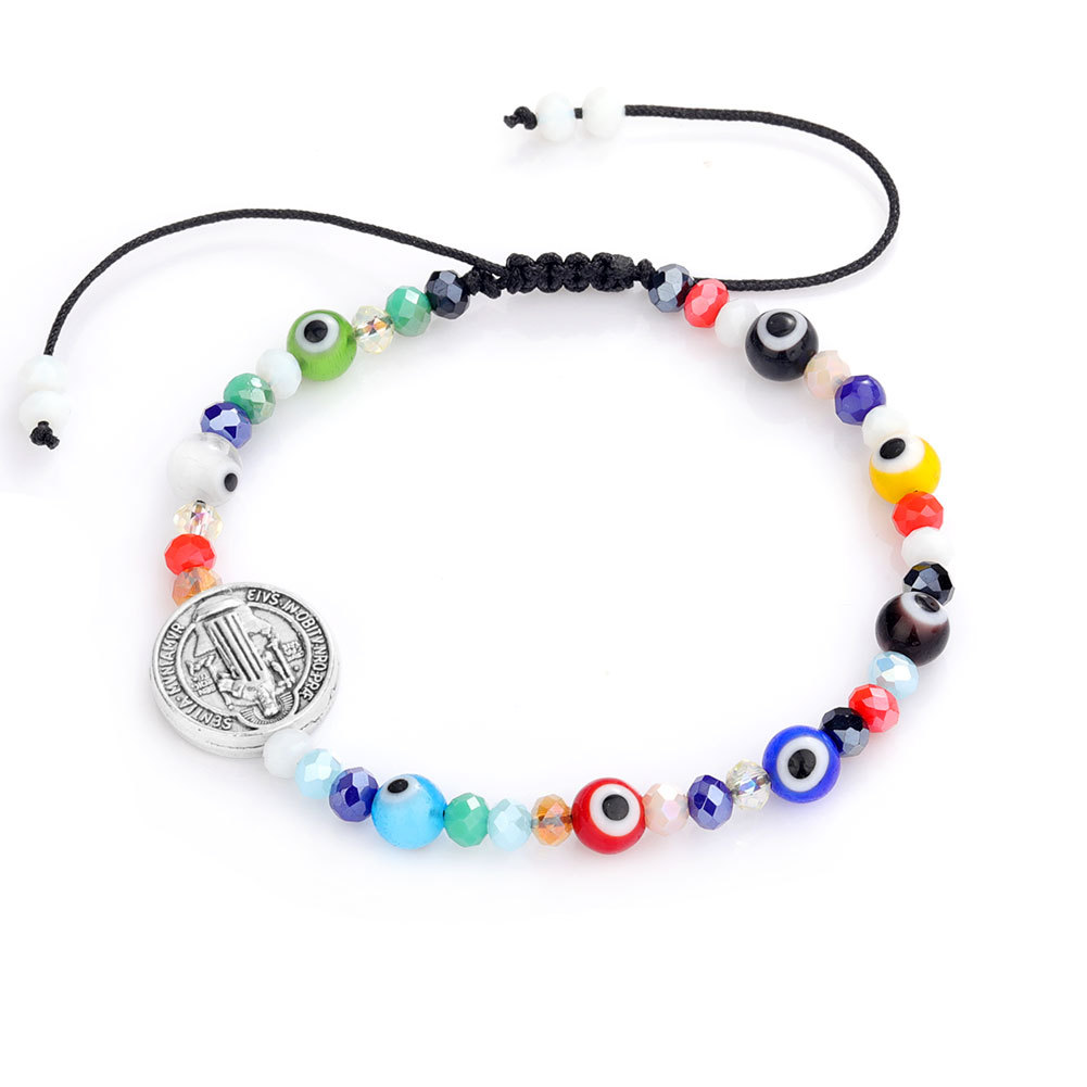 Europe And The United States Foreign Trade Hot Glass Evil Eyes Turkish Demon Eyes Crystal Beaded Bracelet Retro St. Benedict Religious Woven Bracelet Couple Gift String Manufacturers Wholesale Item Picture