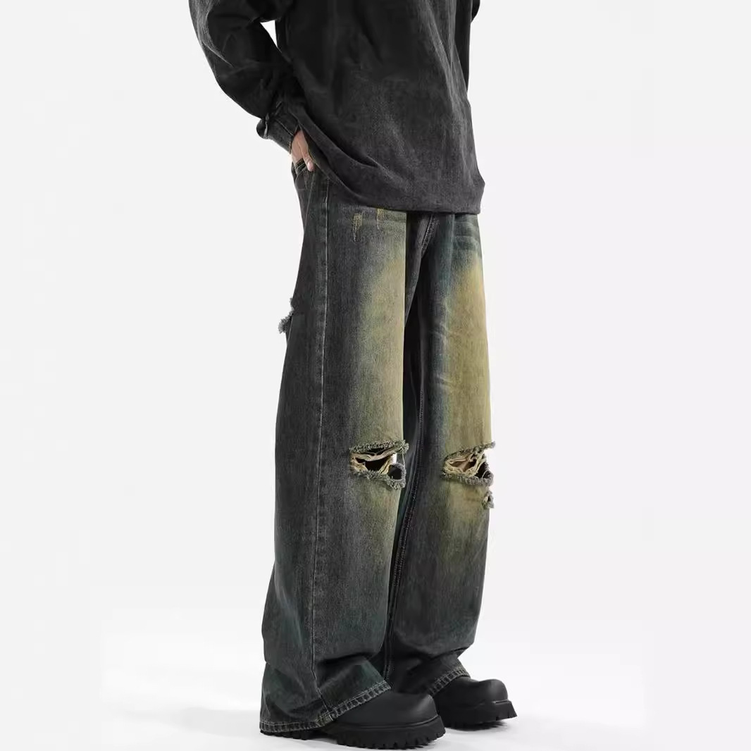 American wash pants high street ins retro ripped jeans men's summer straight leg loose brand high-grade pants Item Picture