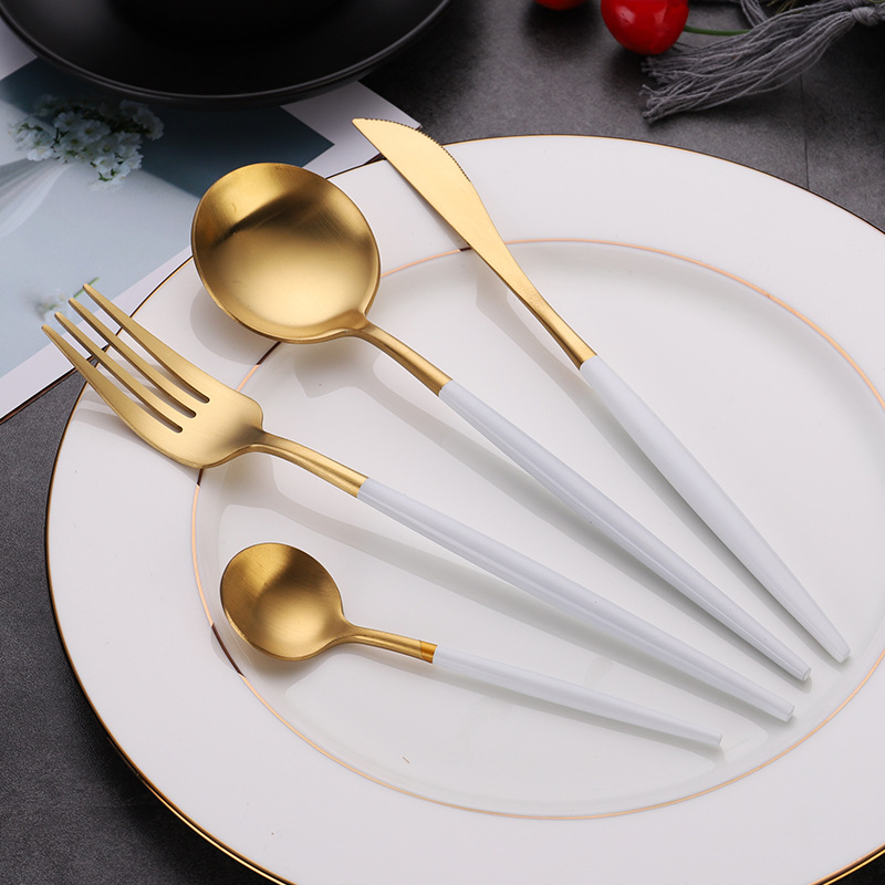 Portuguese 304 stainless steel knife, fork and spoon tableware, Amazon thickened gold matte brushed Western steak knife and fork Specification image