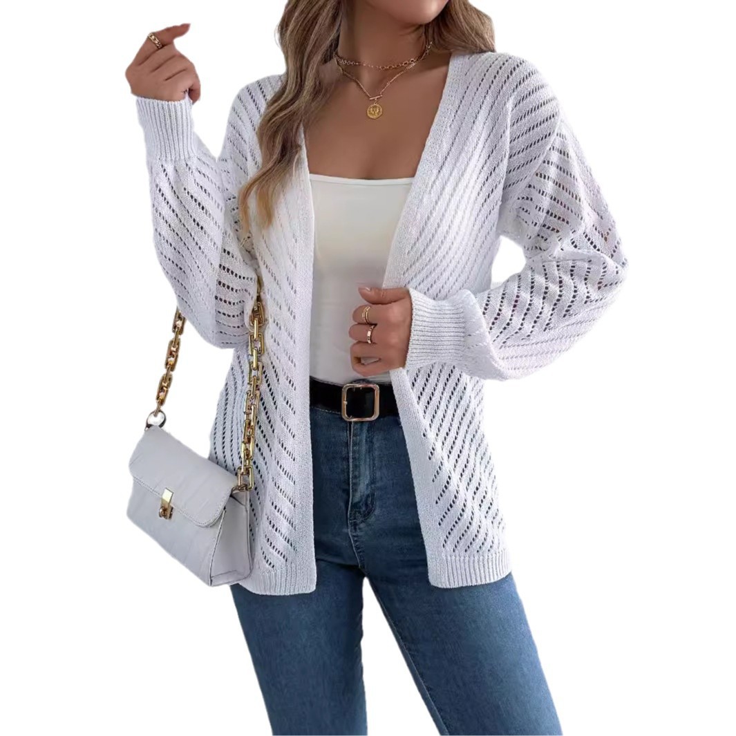 Ins-style real photos of autumn and winter European and American casual solid-color hollowed-out long-sleeved cardigan sweater coat, independent station cross-border women's clothing Item Picture