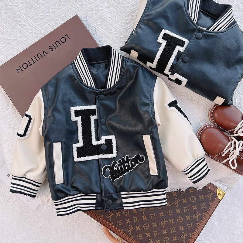 Boys' spring and autumn Korean baseball jackets, babies' autumn and winter coats, children's cotton-padded jackets, double-layer thick cotton-padded wholesale leather jackets