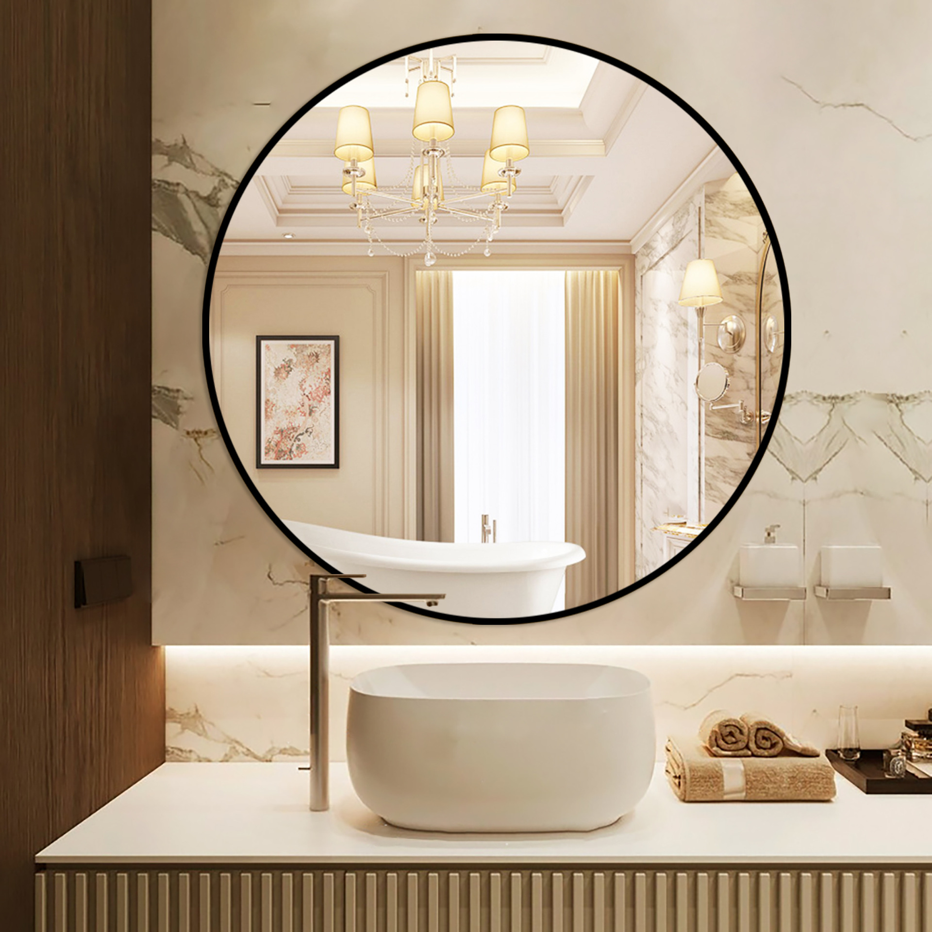 Nordic modern and simple round bathroom mirror wall-mounted without drilling, bathroom mirror, washroom mirror, cross-border round mirror details Picture