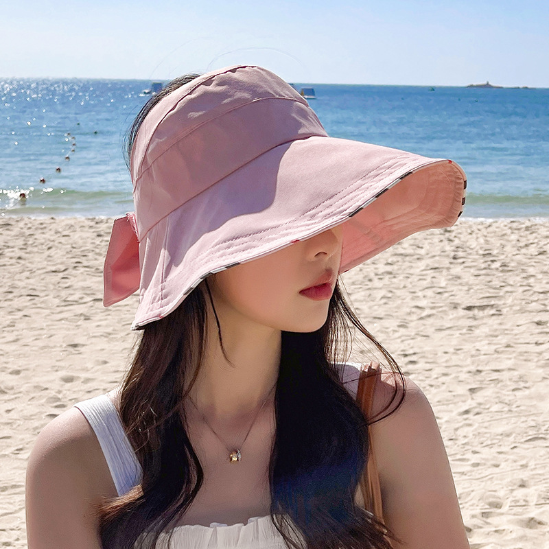 New Summer Women's Topless Breathable Outdoor Sunshade With Large Brim Sun Hat Folded Bow Empty Hat details Picture