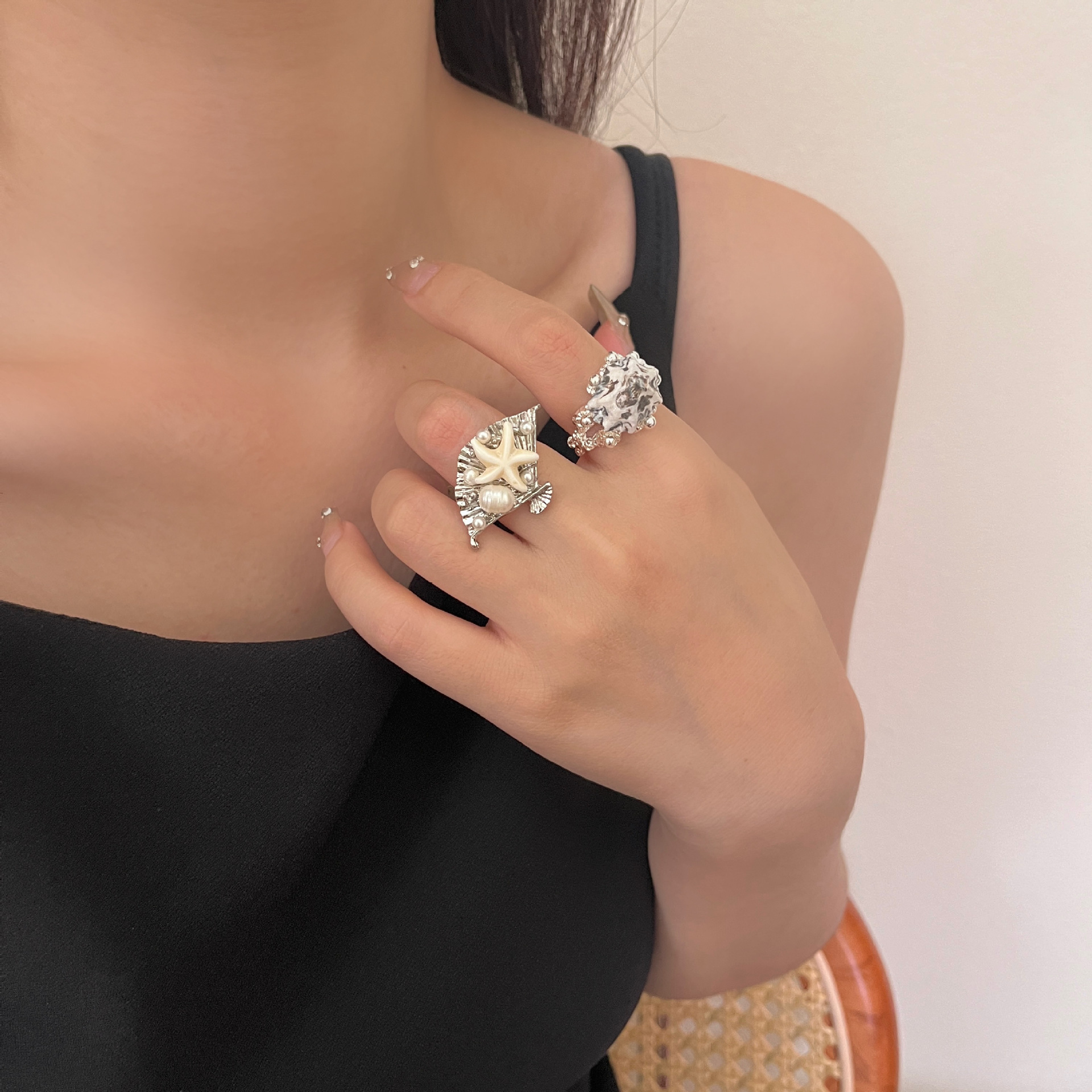Bohemian beach-style starfish, shell and pearl stacked ring ring, ins style, exaggerated personality, open ring for women Specification image