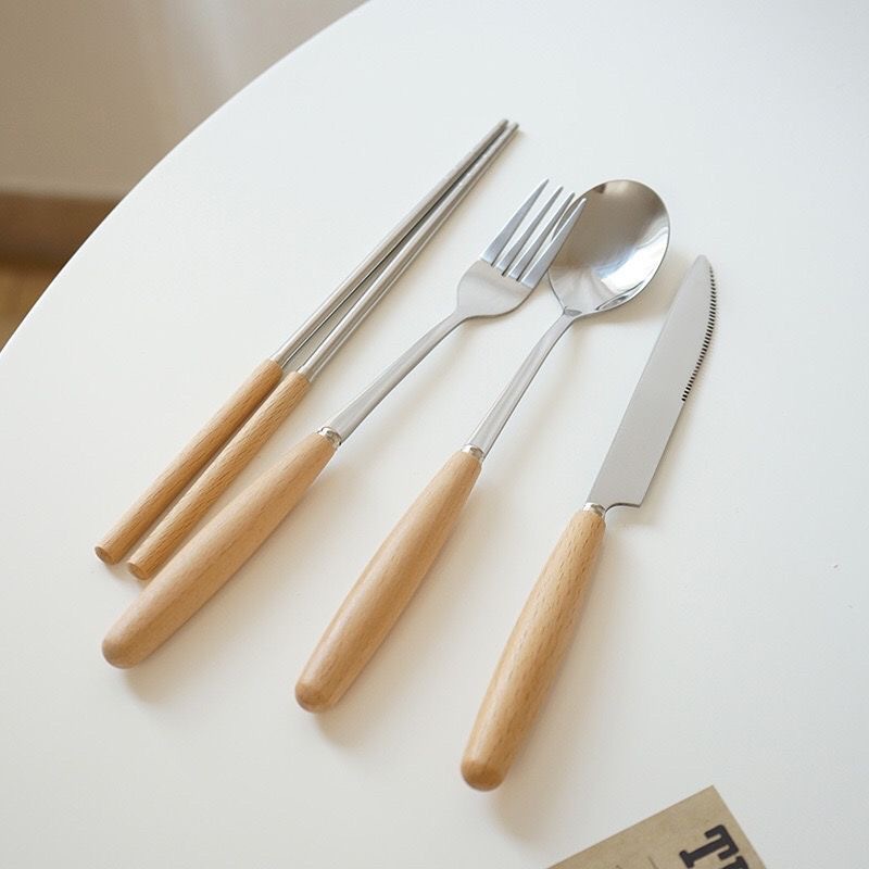 Stainless Steel Knife, Fork And Spoon Set Japanese Simple Wooden Handle Tableware Western Knife And Fork Coffee Spoon Dessert Spoon Wholesale Specification drawing