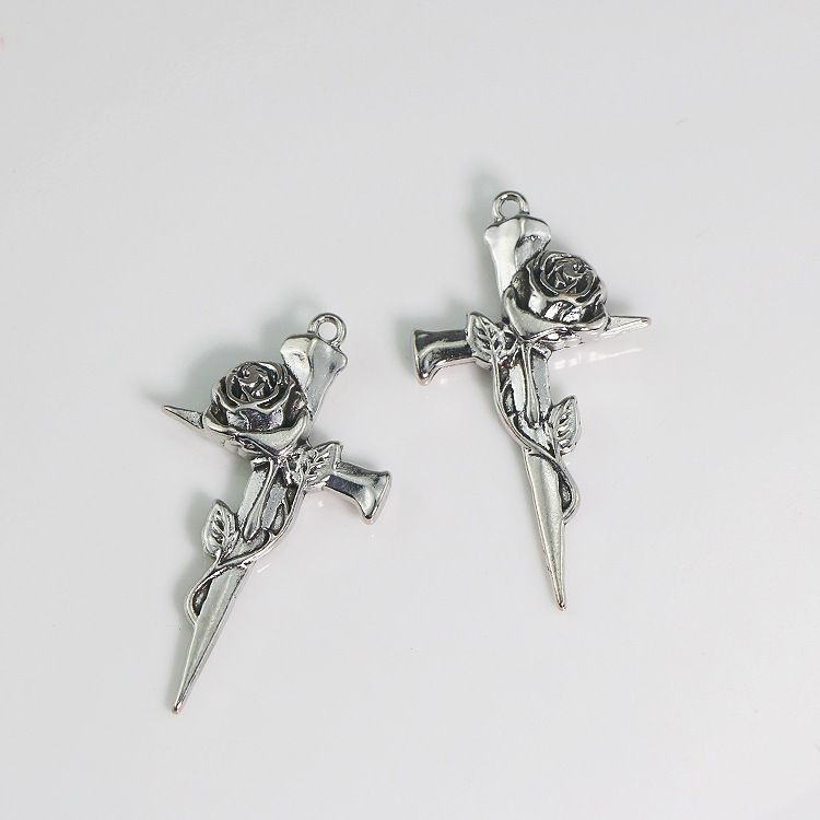 Wholesale of cross-border new hip-hop retro thorn rose accessories, double-sided flower cross pendant jewelry accessories details Picture