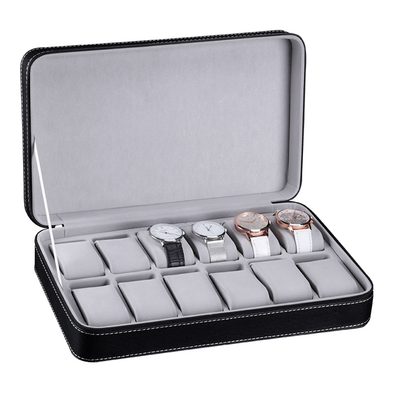 厂家批发12位拉链手表盒黑色pu皮质手表展示盒灰色内衬拉链手表包