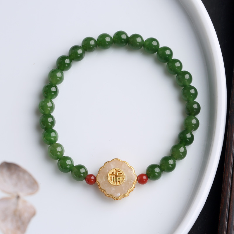 天然碧玉6mm圆珠手串白玉祥云福字款手链女士中国风复古网红手饰