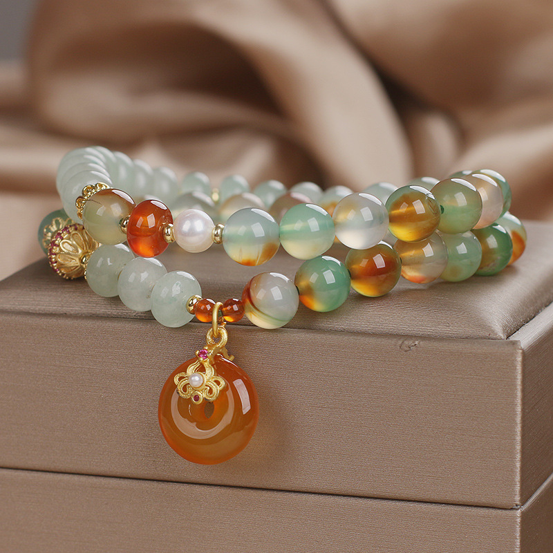 New Chinese-style peacock green agate double-ring bracelet, women's green Dongling double-layer light luxury peace pendant bracelet, trendy details Picture