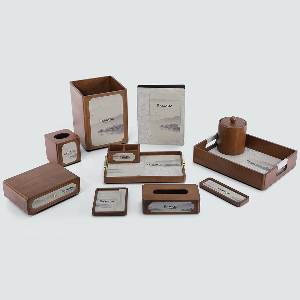 Factory direct sales of high-end hotel room wooden spray-painted tissue box trays, room trash cans, service guide trays details Picture