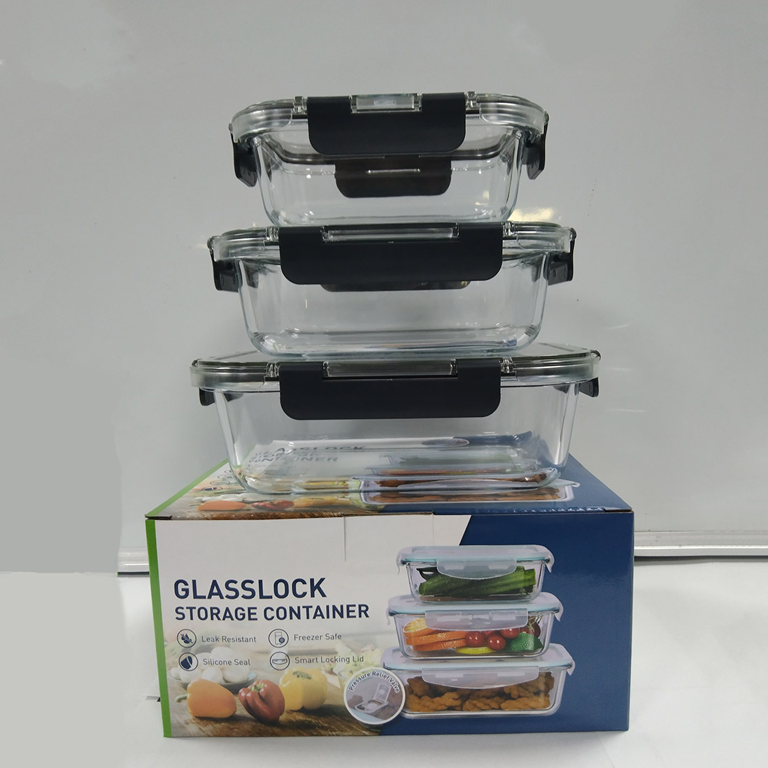 Square Glass Crisper Round Low Borosilicate Lunch Box Folding Buckle Cover Lunch Box 3 Sets Wholesale Rs-201880 details Picture