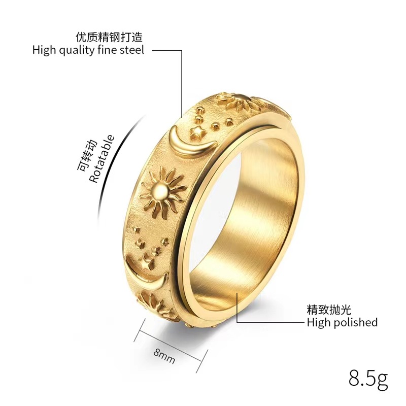 Amazon Star Moon Sun Titanium Steel Cast Ring Can Be Rotated Decompression Ring Hand Jewelry Cross-Border Explosive details Picture