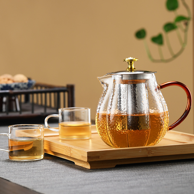 Hammered pumpkin glass teapot, thickened household tea brewer, high-temperature resistant tea set, filter flower teapot, heat-resistant brewing details Picture