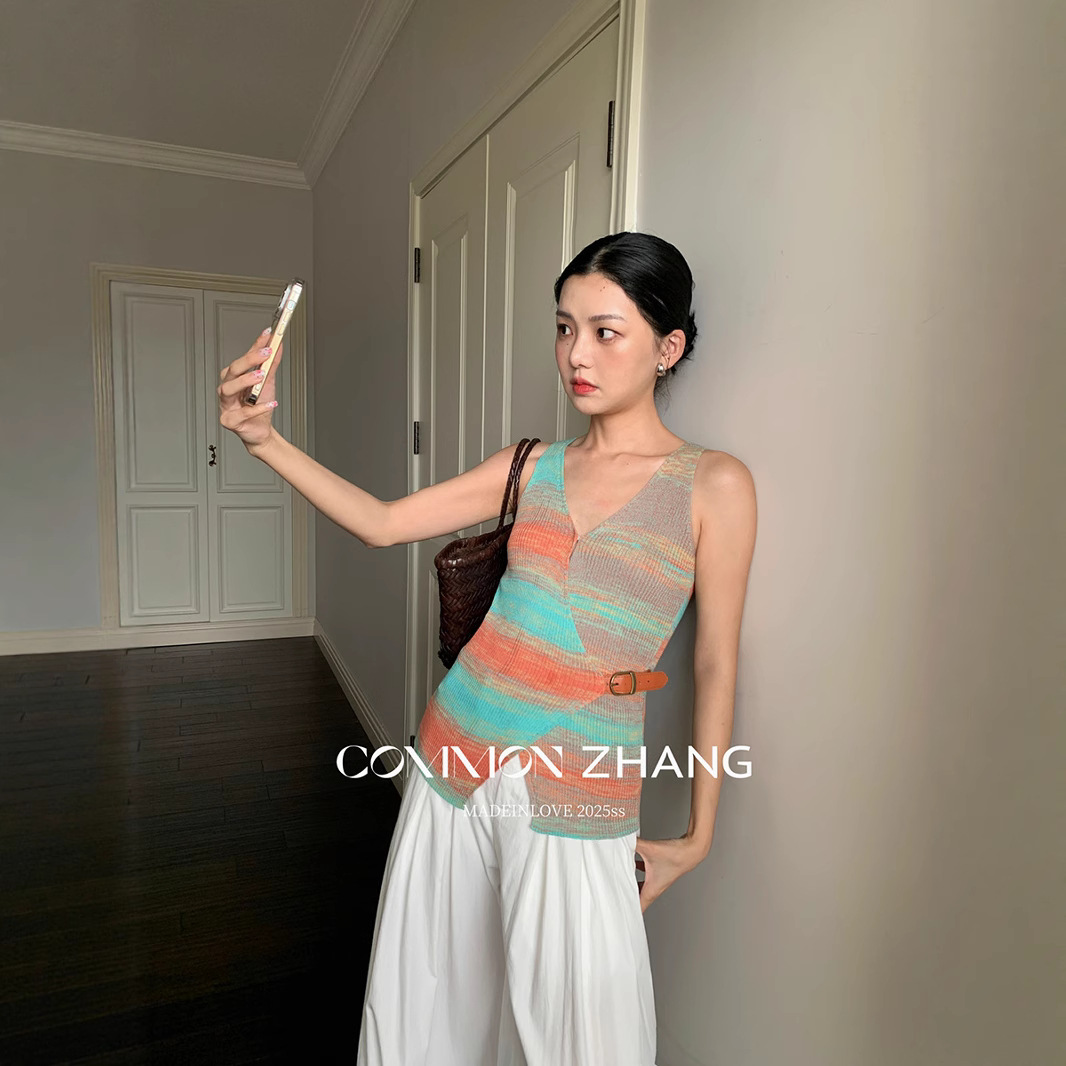 CZ ZHANG Summer Korean-style fashionable commuter striped concealed buckle belt cardigan V-neck vest sweater for women B25115