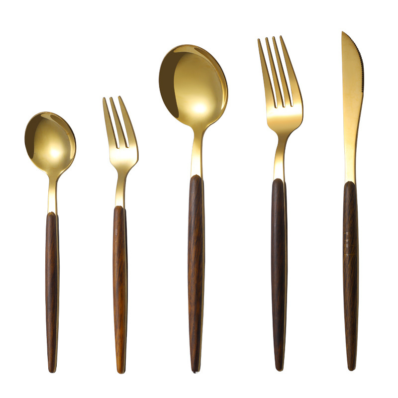 Wholesale Stainless Steel Imitation Wooden Handle Knife, Fork And Spoon Portuguese Western-Style Tableware Wooden Grain Tableware Clip Handle Tableware Japanese Tableware Item Picture