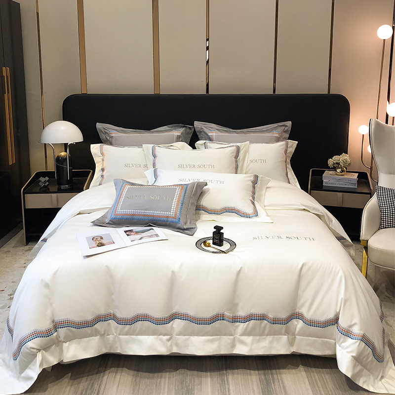 High-end 100-count long-staple cotton four-piece set, pure cotton 100% bed sheet, light luxury high-end embroidered duvet cover bedding details Picture