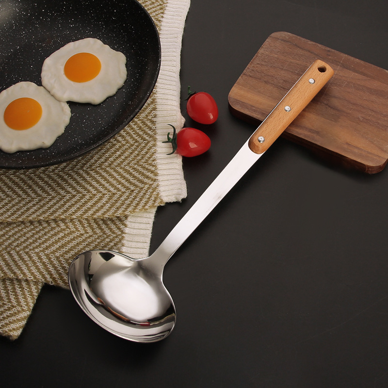 Stainless steel chef's household thickened stir-frying spatula, extended kitchen spatula, long-handled wooden spatula, soup spoon, stir-frying spoon details Picture