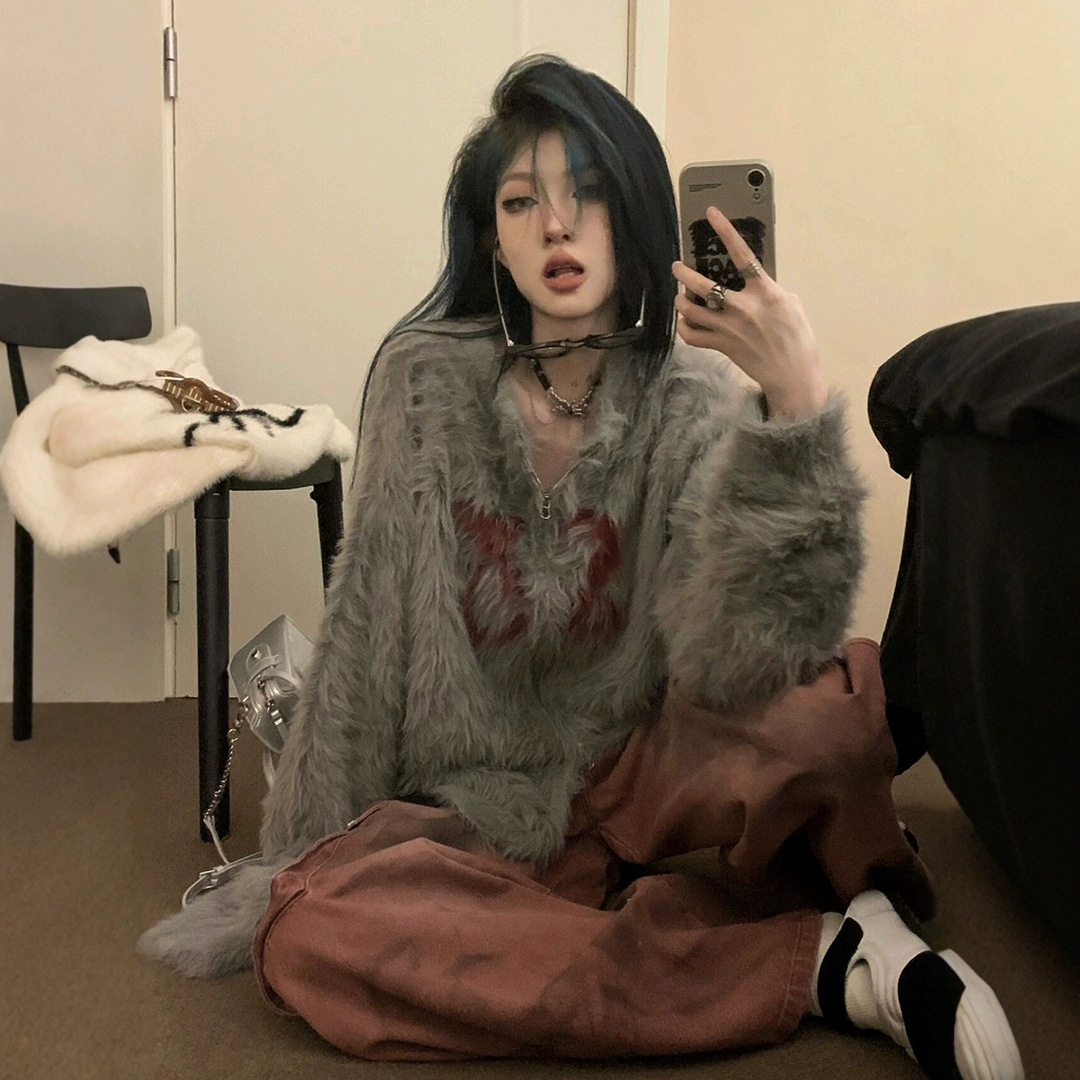 美式复古灰色毛茸茸毛衣女慵懒风秋冬潮流保暖舒适海马毛针织衫