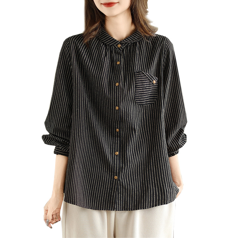 Artistic cotton and linen striped long-sleeved shirt for women, loose 2024 autumn new style plus-size top, loose and slimming shirt for women Item Picture