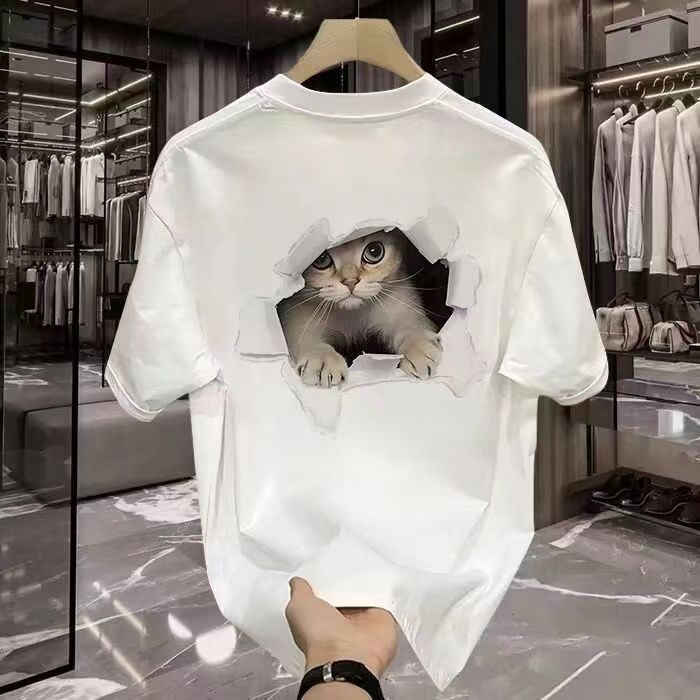 Pure cotton printed short-sleeved 2024 summer new round neck pull-off loose casual trendy women's T-shirt consignment wholesale Specification image