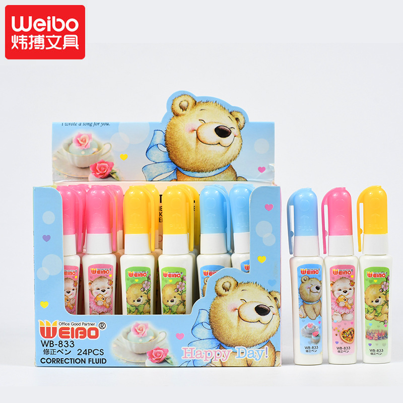 Weibo Stationery Wholesale Small Bottle Correction Fluid, Handwriting Erasure Correction Pen, Cartoon Bear Quick-Drying Dual-purpose Correction Fluid