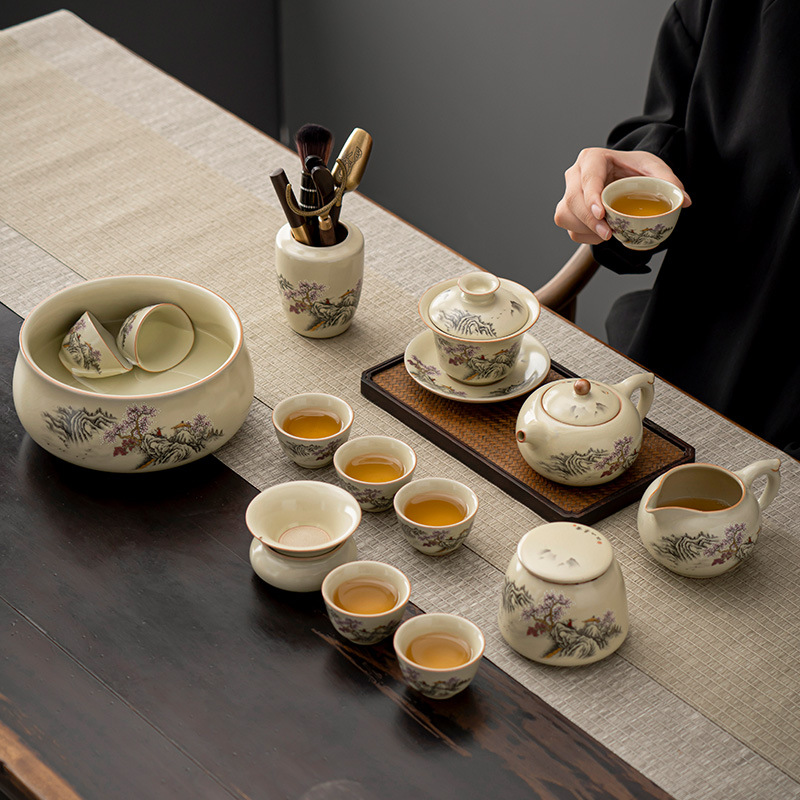 米黄汝窑江山暮雪功夫茶具套装陶瓷茶杯可养开片办公整套礼盒装
