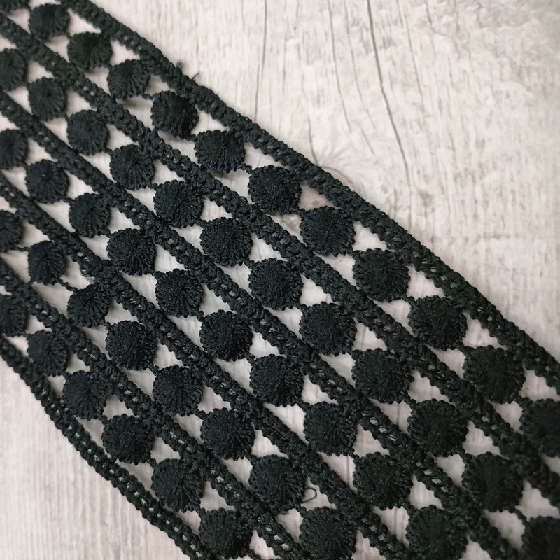 Manufacturers Direct Embroidery Lace Bar Code Black Polyester Milk Silk Hollow Five Drainage Lace Garment Accessories Specification drawing
