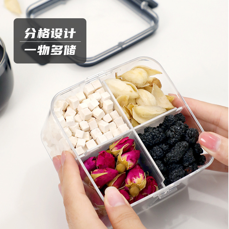 Square Flower Tea Box 460Ml Plastic Four-Compartment Sealed Jar Food Grade Storage Container Storage Tank Specification drawing