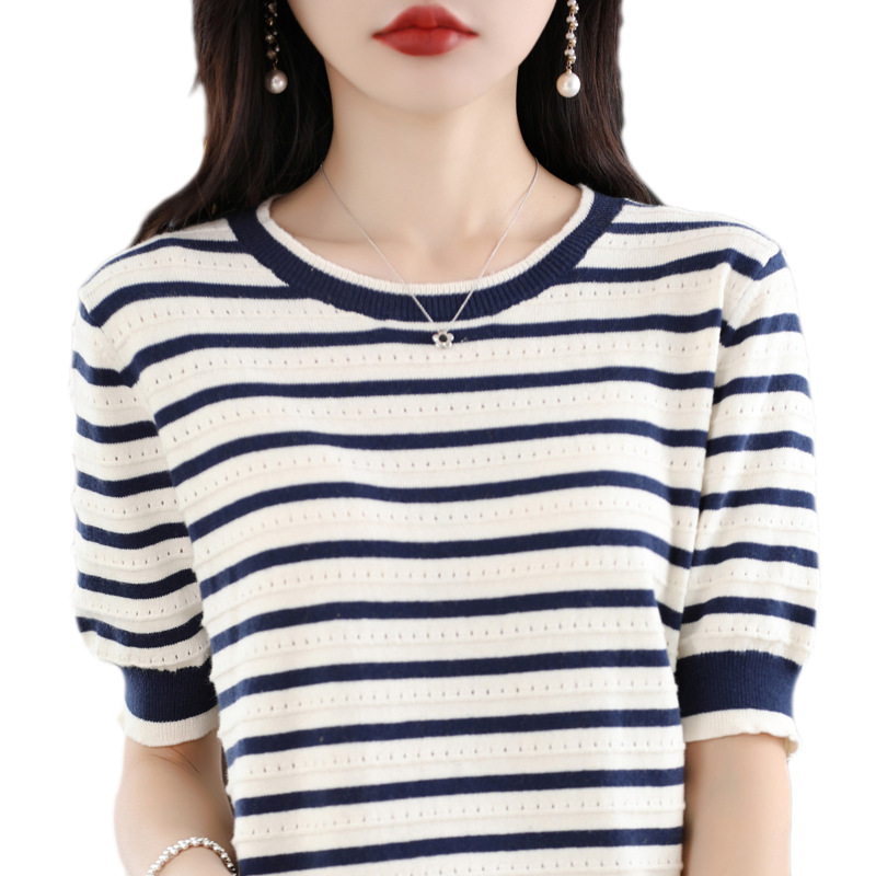 Summer women's tops, all-solid-color knitted cotton short-sleeved women's T-shirts, women's round-neck vests, striped loose, wholesale and consignment for foreign trade Item Picture