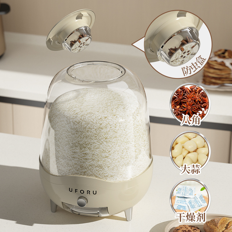 Household multi-grain pressed rice moisture-proof and insect-proof sealed rice bucket, milky white high appearance level, large-capacity five-grain storage bucket 0714 Application Scenario