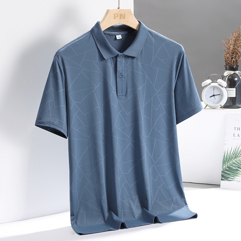 Men's T-shirt, short sleeve, high-end summer wear, stand-up collar, Dad quick-drying elastic ice silk polo shirt, middle-aged men's business casual details Picture