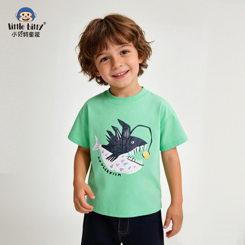 Cross-border European and American style Spring/Summer 26 short-sleeved children's T-shirt cartoon Greedy fish round-neck printed children's top clothing